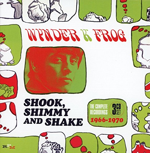 Album cover with cartoon frogs and a man's face, red, green, and white colors.