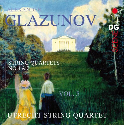 "Album cover featuring a serene landscape painting with two figures and a white building."
