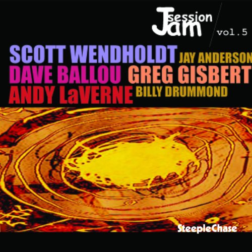 "Album cover with abstract orange and yellow design, black background, and musician names listed."