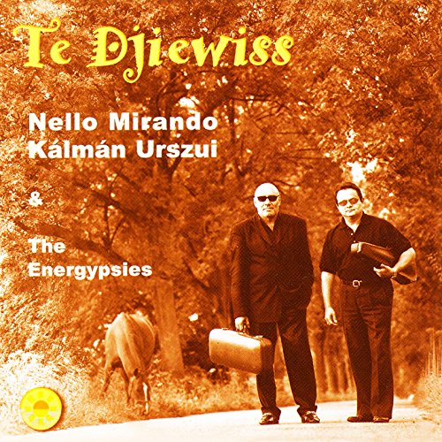 "CD cover with two men walking on a road, sepia-toned, with trees and a cow."