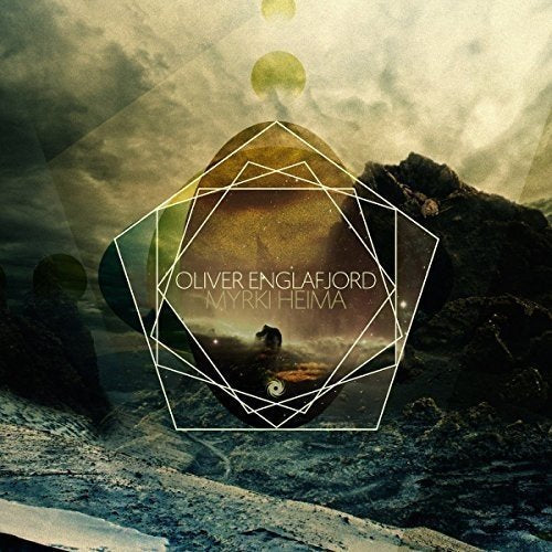 "CD cover with geometric shapes and a rocky landscape under a cloudy sky."