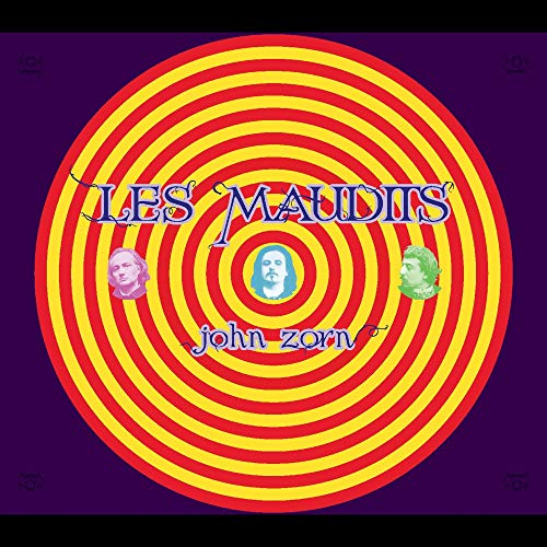 "Album cover with red and yellow concentric circles, three faces, on purple background."