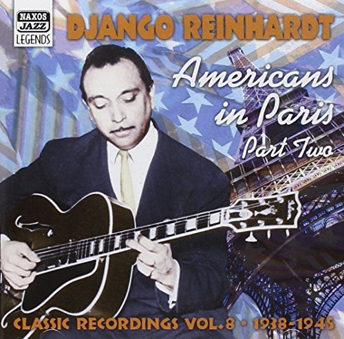 "CD cover featuring Django Reinhardt playing guitar, with Eiffel Tower and American flag."