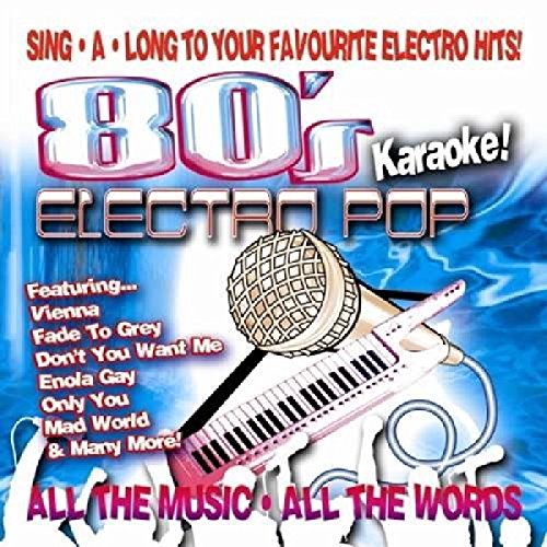 "CD cover with microphone, keyboard, and text '80's Electro Pop Karaoke' on blue background."