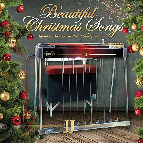 "Christmas album cover featuring a pedal steel guitar surrounded by decorated Christmas trees."