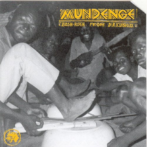 "Black and white album cover with people playing instruments and yellow title text."