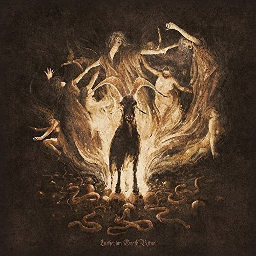"Dark album cover with a goat and nude figures surrounded by snakes."