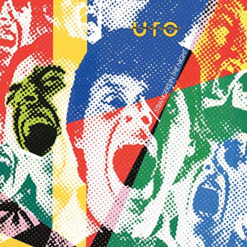 "Album cover with a multi-colored, abstract, halftone image of screaming faces and 'UFO' text."