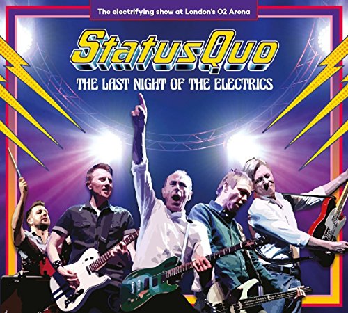 "Status Quo band members on stage, playing guitars and celebrating, surrounded by bright lights."
