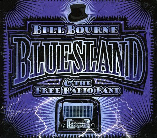"CD cover with 'Bluesland' text, top hat, and vintage radio, on a blue background."