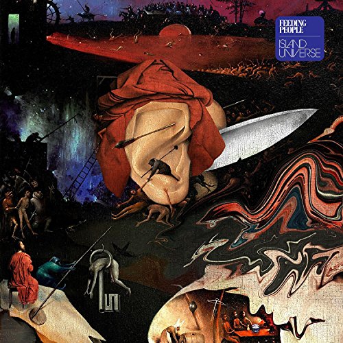 "Album cover art: surreal, dark illustration with giant head, knife, and abstract figures."