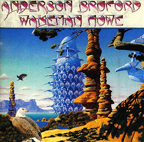 "Album cover with surreal landscape, birds, and rock formations, titled 'Anderson Bruford Wakeman Howe'."
