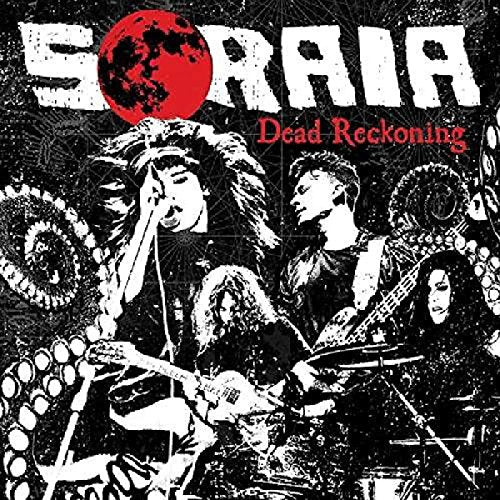 "Soraia album cover featuring black and white illustration of a rock band performing."