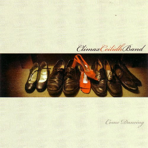 "CD cover featuring a row of dancing shoes on a beige background."