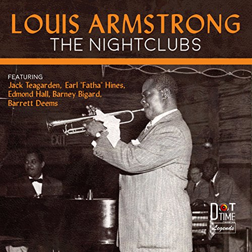 "Album cover featuring Louis Armstrong playing trumpet, with band members in the background."