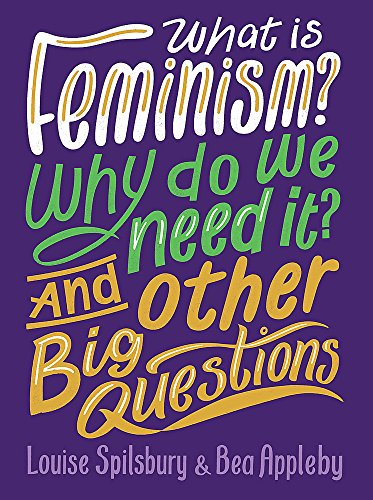 The image depicts a book cover with a purple background and colorful text. Alt text: Purple book cover with "What is Feminism?" in white, green, and yellow text.