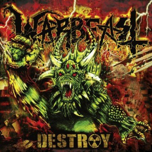 "Album cover featuring a green, horned monster with red eyes against a red background."