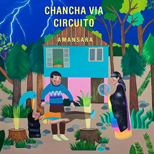 "Album cover art: cartoon illustration of people and a house surrounded by trees and plants."