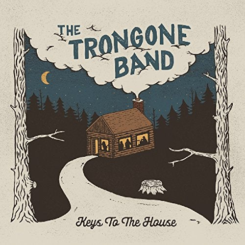 "Album cover art featuring a cabin in the woods at night with a winding path."