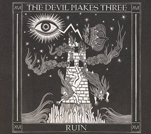 Black-and-white album cover art featuring a burning tower, demons, and an all-seeing eye.