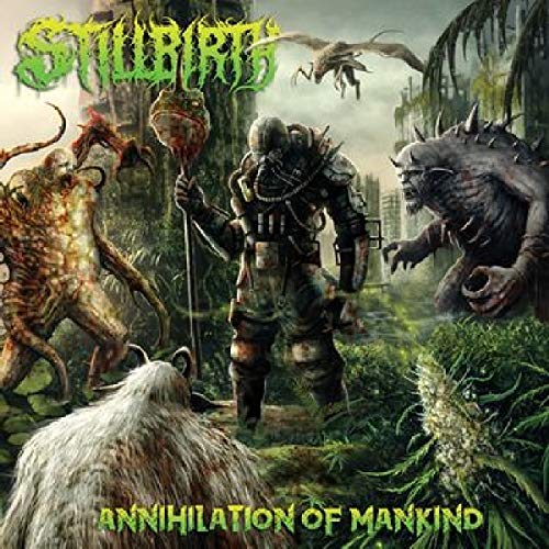 "Album cover art depicting a futuristic soldier surrounded by monstrous creatures in a dark landscape."
