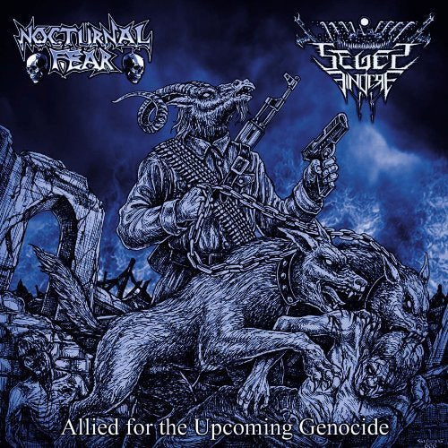 A blue-toned album cover featuring a man riding a wolf, holding guns.