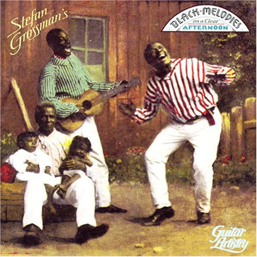 "Album cover art featuring men dancing and playing guitar, with children in the background."