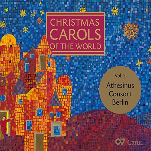"Album cover with mosaic village scene, red title box, and gold circle with text."