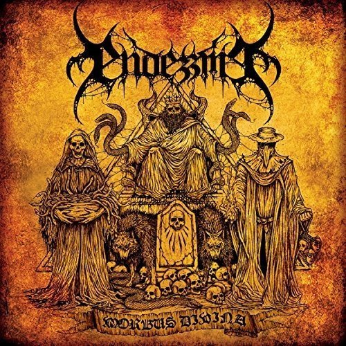 "Black and yellow album cover with three hooded figures and skulls."