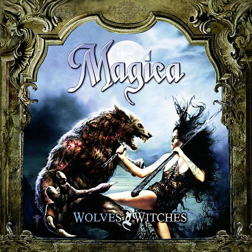 "CD cover art: woman fighting a werewolf, ornate gold frame, full moon background."