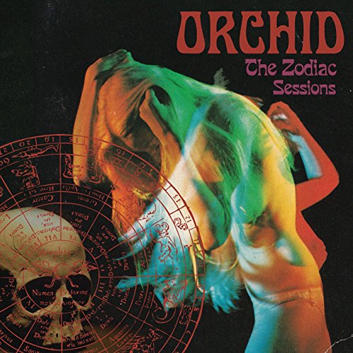 "Album cover with a woman's profile and astrological chart, multicolored and dark background."
