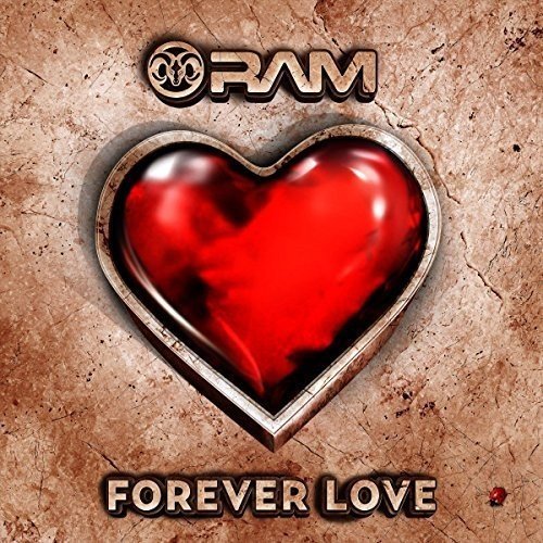 "Album cover with red heart and 'RAM' and 'Forever Love' text on cracked beige background."