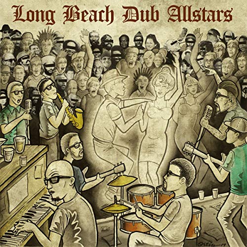 "Album cover art featuring a band performing for a lively crowd, sepia-toned illustration."
