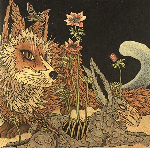 "Vinyl record cover featuring an illustration of a fox and a rabbit skull with flowers."