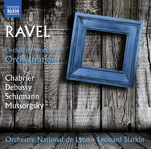"CD cover with a blue picture frame on a wooden background, featuring Ravel and other composers."