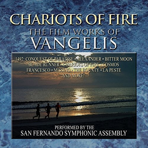 "CD cover with silhouetted runners on beach at sunset, listing film works of Vangelis."