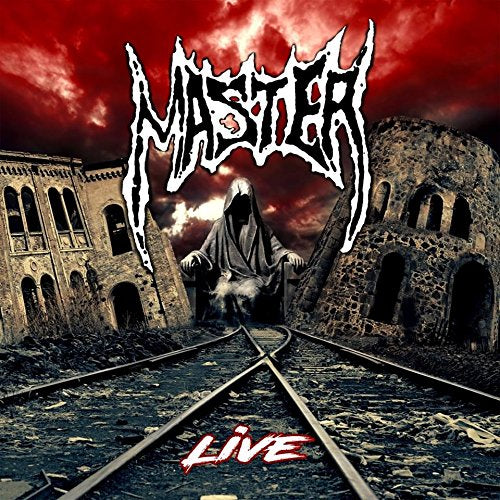 Album cover art with a hooded figure between train tracks and ruined buildings.