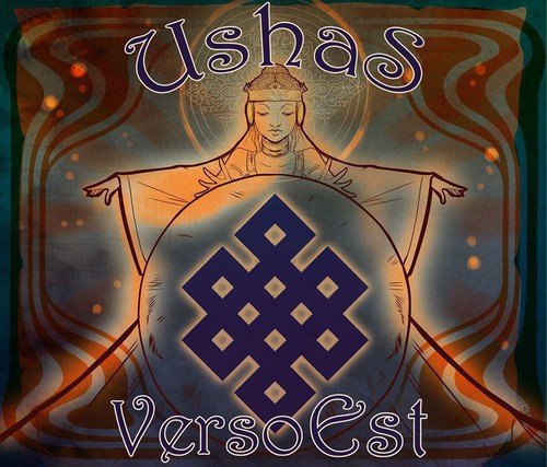 "Album cover art: 'Verso Est' by Ushas, featuring a serene figure with outstretched arms."