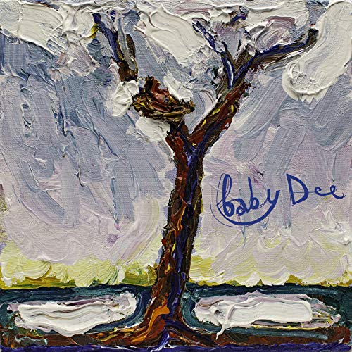 The alt text for the image is: "A painting of a tree with white flowers, signed 'baby Dee'."