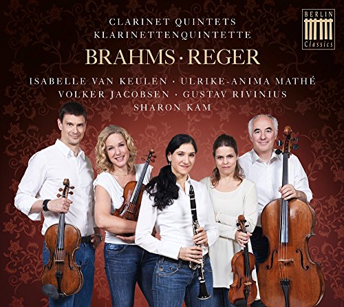 "CD cover featuring five musicians holding instruments against a red patterned background."