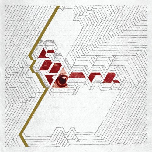 "Album cover with geometric design, red eye, and gold line on white background."