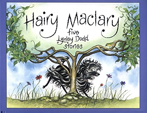 "Hairy Maclary" children's book cover featuring a black dog hiding behind a tree.