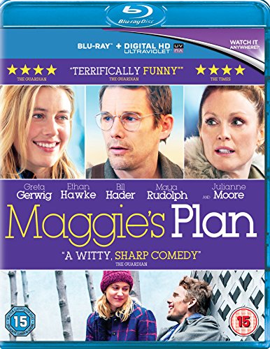 "Maggie's Plan" Blu-ray cover featuring headshots and a couple by a fence.
