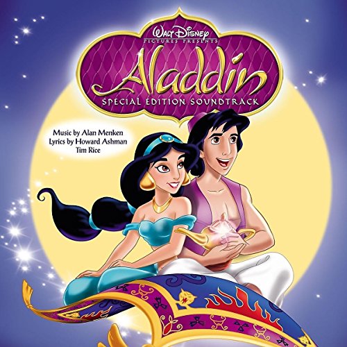 "CD cover art for Aladdin soundtrack featuring cartoon Aladdin and Jasmine on a magic carpet."