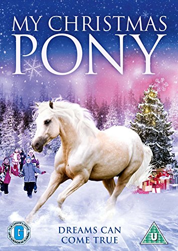 "DVD cover featuring a white pony in a snowy scene with children and a Christmas tree."