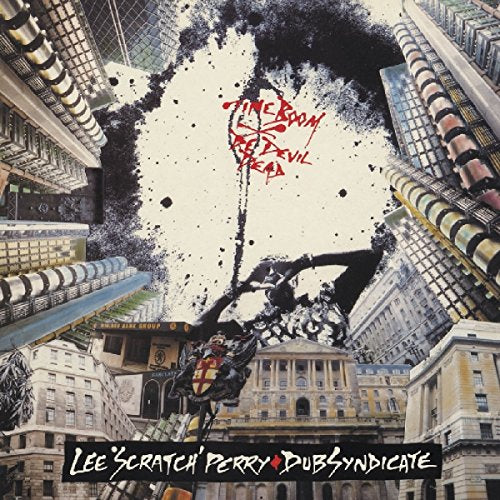 "Album cover with cityscape, black splatter, and red, white text."