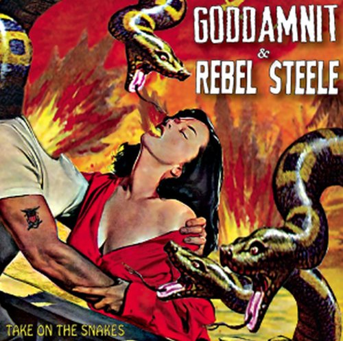 "Album cover art featuring a man and woman surrounded by snakes and flames."