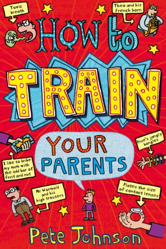 "Book cover with red background, cartoon characters, and 'How to Train Your Parents' title."