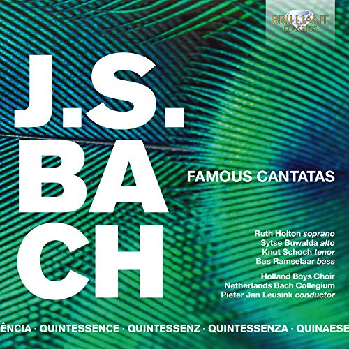 "CD cover with green feather pattern, white text 'J.S. Bach Famous Cantatas'."