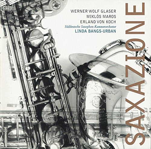 "Saxophone album cover featuring a black-and-white saxophone image with artist names."